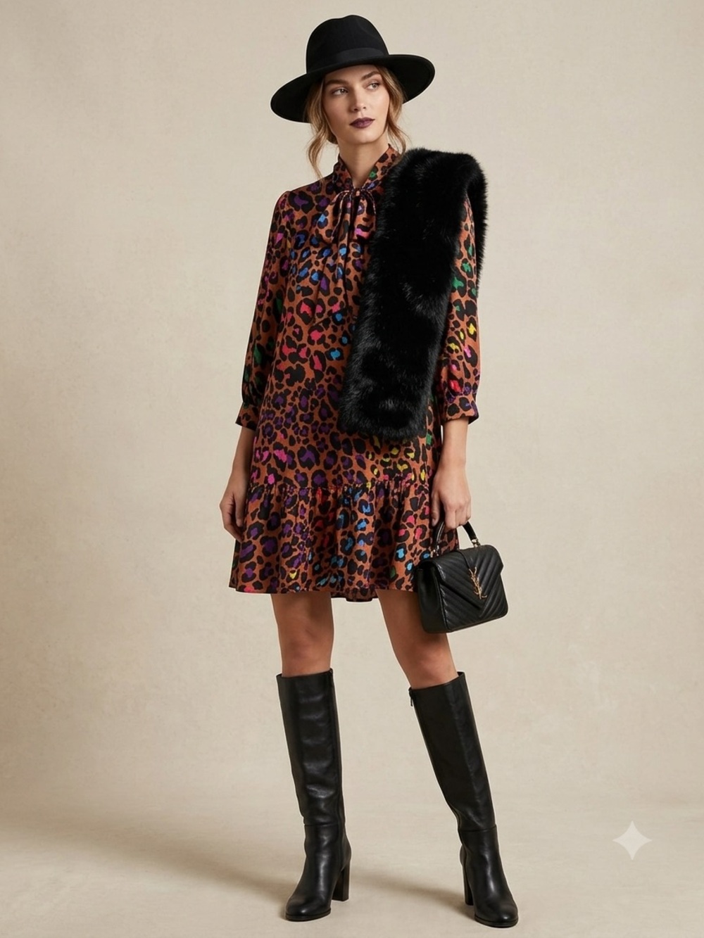 Fate Colorful Leopard Print Tie Neck Mini Dress Medium Ruffle Hem